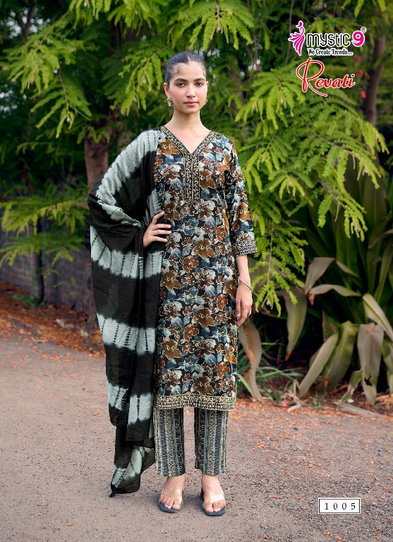 MYSTIC 9 REVATI VOL 1 WHOLESALE READYMADE BLACK RAYON FOIL PRINT PRETTY LOOK 3 PCS SUITS EXPORTER