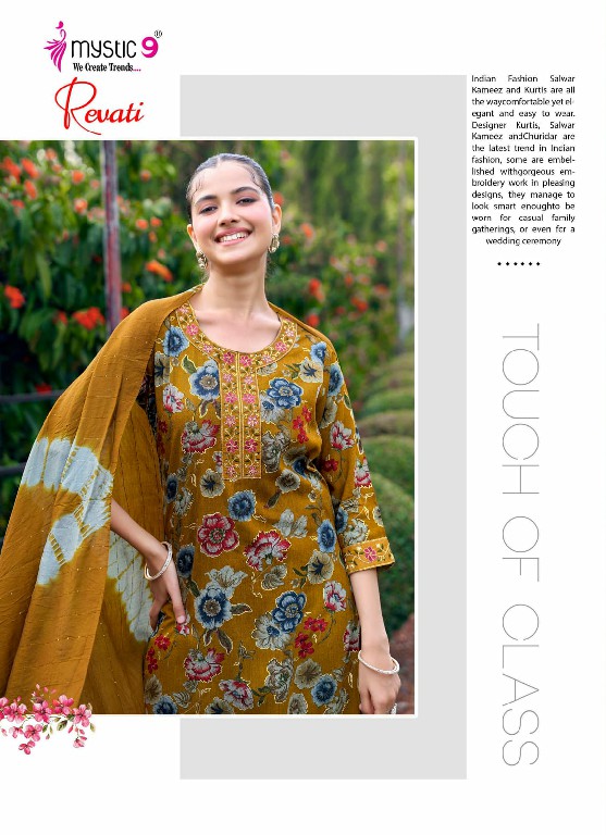 MYSTIC 9 REVATI VOL 1 WHOLESALE READYMADE BLACK RAYON FOIL PRINT PRETTY LOOK 3 PCS SUITS EXPORTER