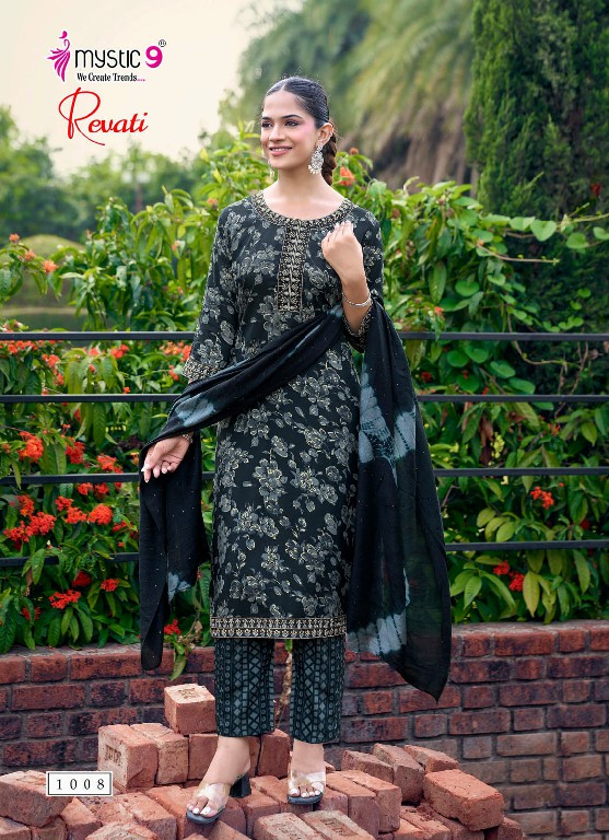 MYSTIC 9 REVATI VOL 1 WHOLESALE READYMADE BLACK RAYON FOIL PRINT PRETTY LOOK 3 PCS SUITS EXPORTER