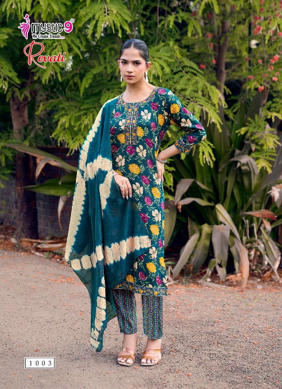 MYSTIC 9 REVATI VOL 1 WHOLESALE READYMADE BLACK RAYON FOIL PRINT PRETTY LOOK 3 PCS SUITS EXPORTER