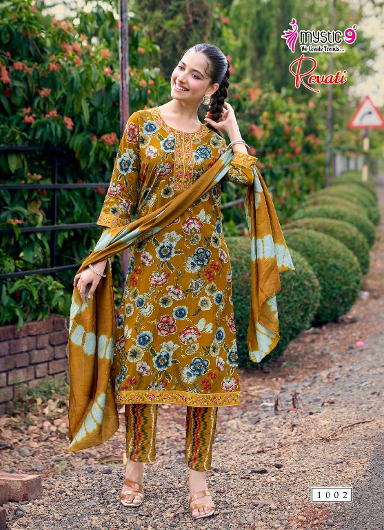 MYSTIC 9 REVATI VOL 1 WHOLESALE READYMADE BLACK RAYON FOIL PRINT PRETTY LOOK 3 PCS SUITS EXPORTER