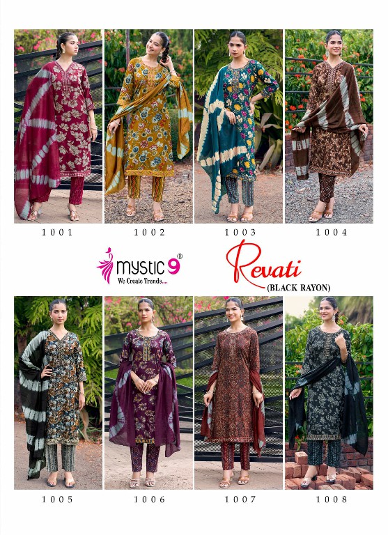 MYSTIC 9 REVATI VOL 1 WHOLESALE READYMADE BLACK RAYON FOIL PRINT PRETTY LOOK 3 PCS SUITS EXPORTER