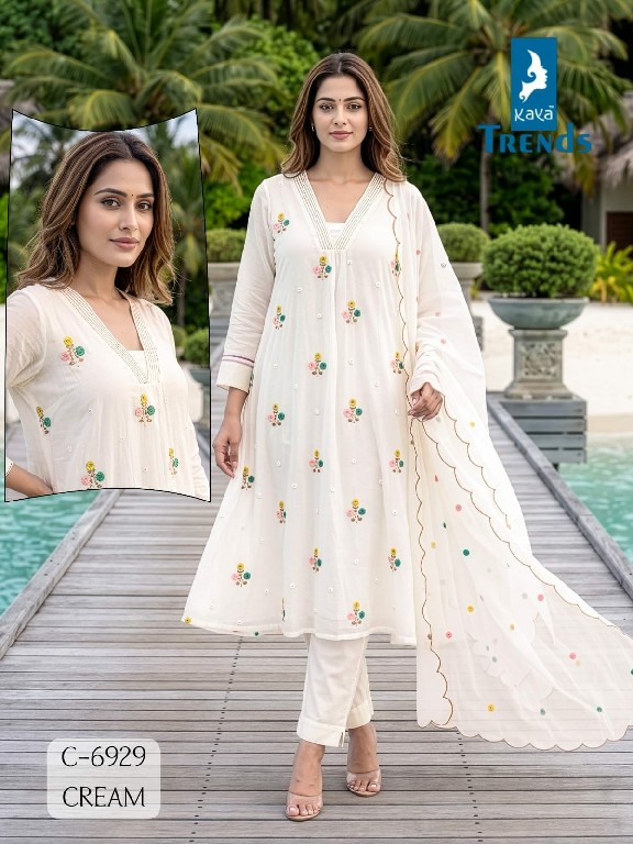 KAYA D.NO 6929 WHOLESALE READYMADE MULL CHANDERI A LINE CUT WITH WORK 3 PCS COMBO SET SUITS FOR EXPORT