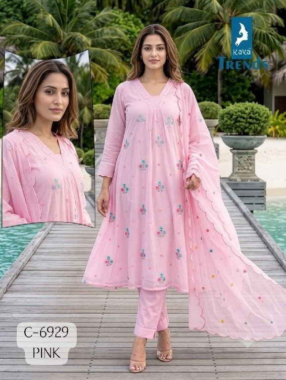 KAYA D.NO 6929 WHOLESALE READYMADE MULL CHANDERI A LINE CUT WITH WORK 3 PCS COMBO SET SUITS FOR EXPORT