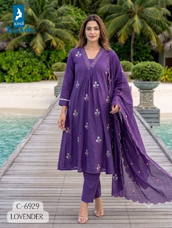 KAYA D.NO 6929 WHOLESALE READYMADE MULL CHANDERI A LINE CUT WITH WORK 3 PCS COMBO SET SUITS FOR EXPORT