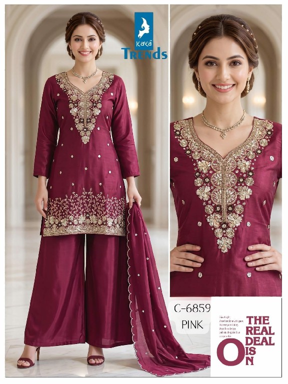 KAYA D.NO 6859 WHOLESALE READYMADE H O SILK FANCY BEATS WORK 3 PCS COMBO SET SUITS EXPORTER