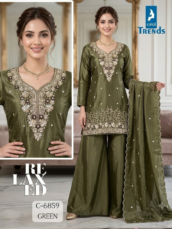 KAYA D.NO 6859 WHOLESALE READYMADE H O SILK FANCY BEATS WORK 3 PCS COMBO SET SUITS EXPORTER