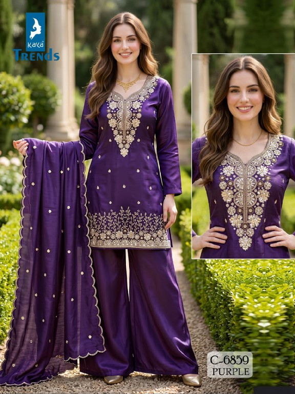KAYA D.NO 6859 WHOLESALE READYMADE H O SILK FANCY BEATS WORK 3 PCS COMBO SET SUITS EXPORTER