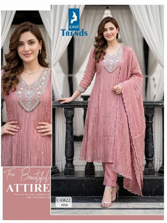 KAYA D.NO 6822 WHOLESALE READYMADE CRUSH TISSUE A LINE CUT 3 PCS COMBO SET SUITS SUPPLIER