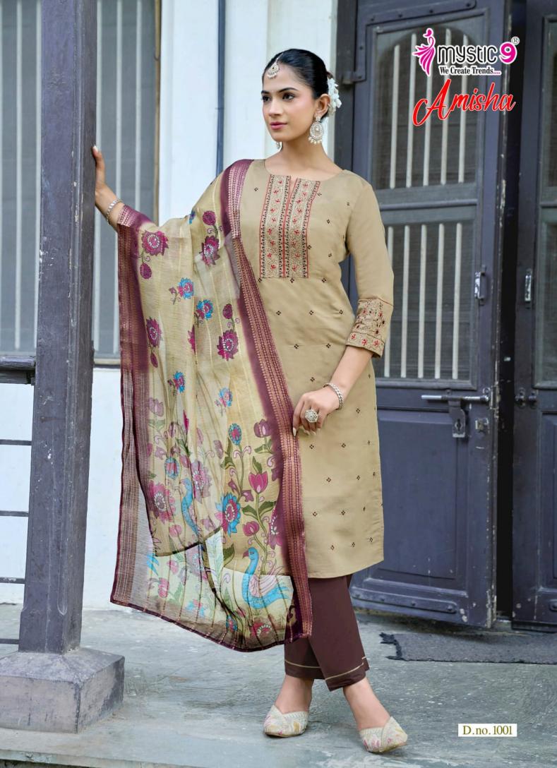 MYSTIC 9 AMISHA VOL 1 WHOLESALE READYMADE ROMAN SILK BEAUTIFUL 3 PCS SUITS EXPORTER
