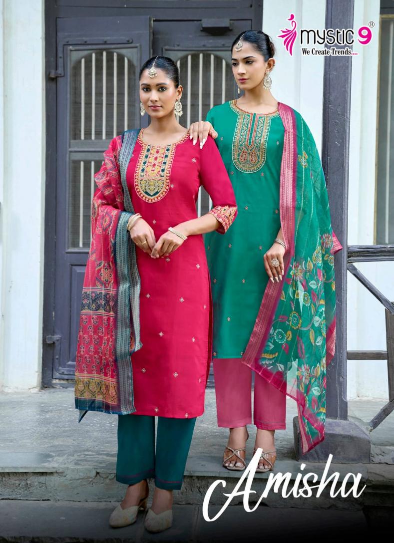 MYSTIC 9 AMISHA VOL 1 WHOLESALE READYMADE ROMAN SILK BEAUTIFUL 3 PCS SUITS EXPORTER