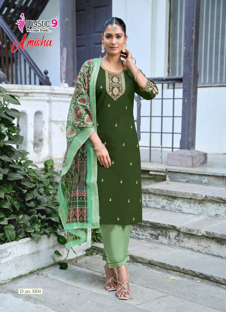 MYSTIC 9 AMISHA VOL 1 WHOLESALE READYMADE ROMAN SILK BEAUTIFUL 3 PCS SUITS EXPORTER