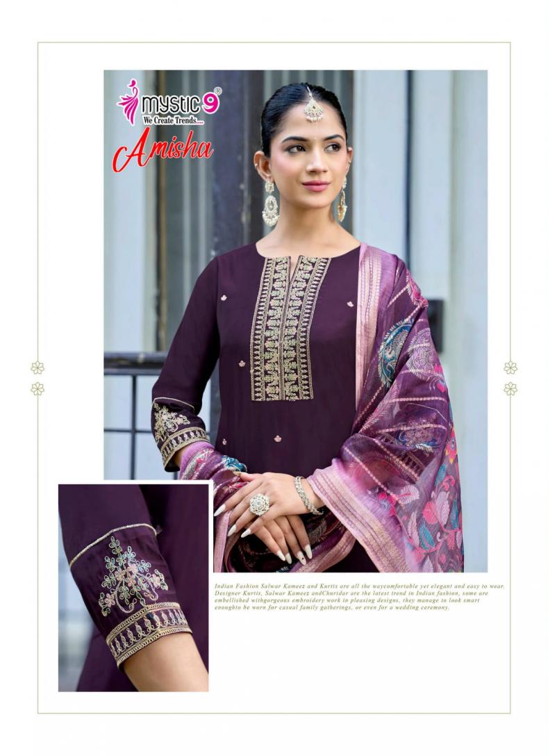 MYSTIC 9 AMISHA VOL 1 WHOLESALE READYMADE ROMAN SILK BEAUTIFUL 3 PCS SUITS EXPORTER