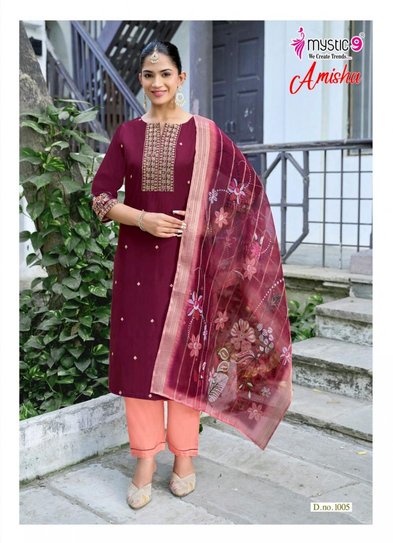 MYSTIC 9 AMISHA VOL 1 WHOLESALE READYMADE ROMAN SILK BEAUTIFUL 3 PCS SUITS EXPORTER