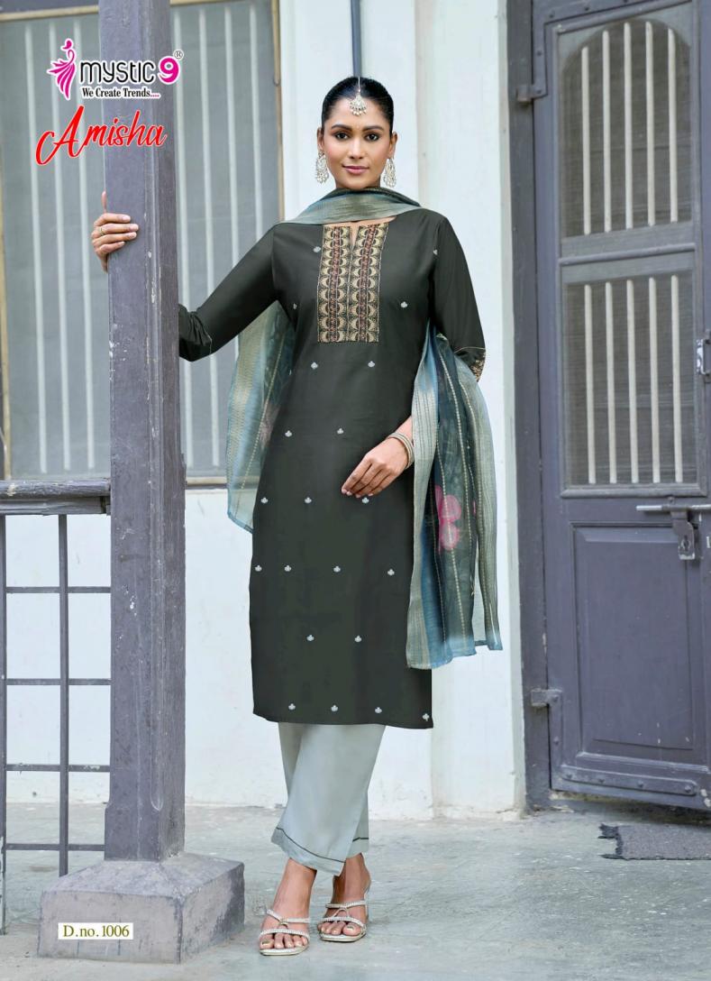 MYSTIC 9 AMISHA VOL 1 WHOLESALE READYMADE ROMAN SILK BEAUTIFUL 3 PCS SUITS EXPORTER