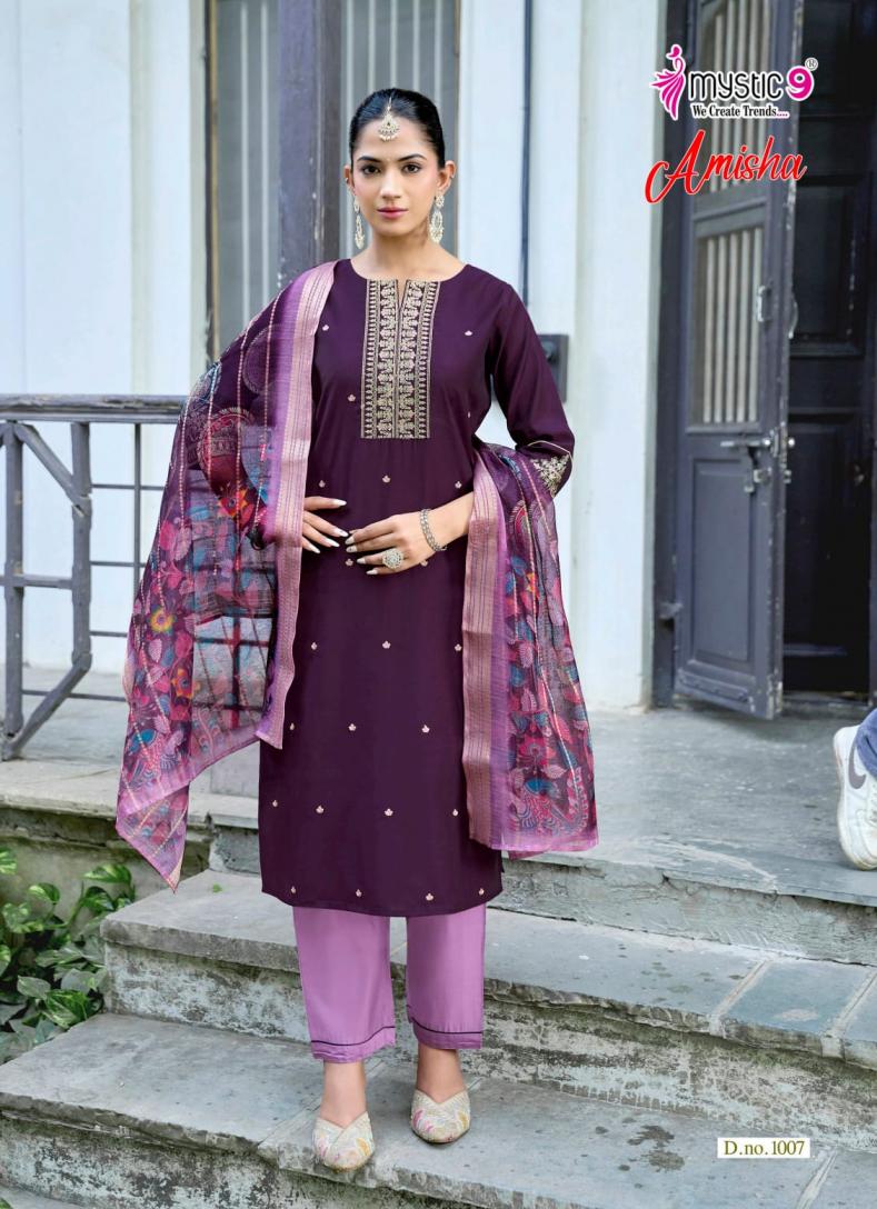 MYSTIC 9 AMISHA VOL 1 WHOLESALE READYMADE ROMAN SILK BEAUTIFUL 3 PCS SUITS EXPORTER