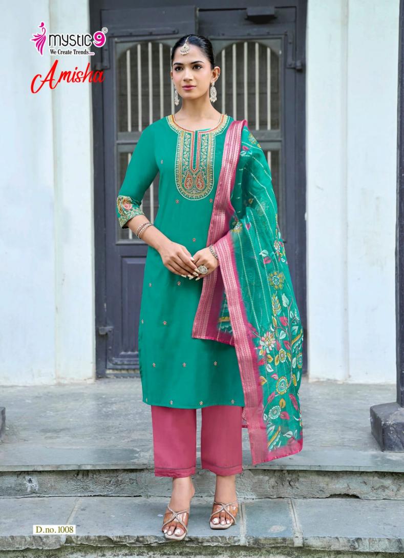 MYSTIC 9 AMISHA VOL 1 WHOLESALE READYMADE ROMAN SILK BEAUTIFUL 3 PCS SUITS EXPORTER