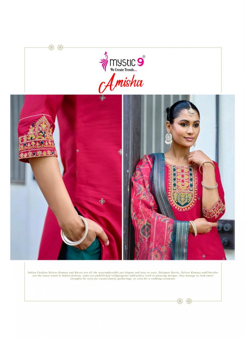 MYSTIC 9 AMISHA VOL 1 WHOLESALE READYMADE ROMAN SILK BEAUTIFUL 3 PCS SUITS EXPORTER