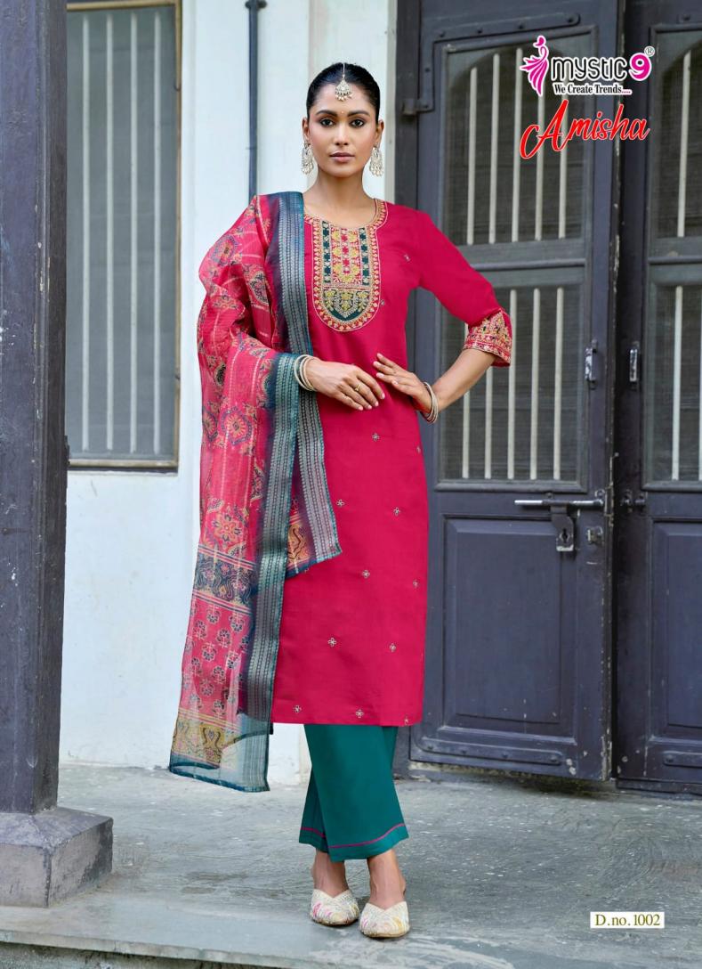 MYSTIC 9 AMISHA VOL 1 WHOLESALE READYMADE ROMAN SILK BEAUTIFUL 3 PCS SUITS EXPORTER