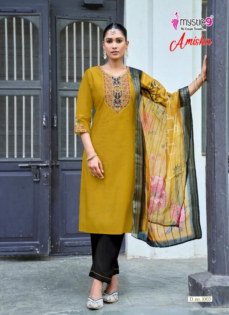 MYSTIC 9 AMISHA VOL 1 WHOLESALE READYMADE ROMAN SILK BEAUTIFUL 3 PCS SUITS EXPORTER