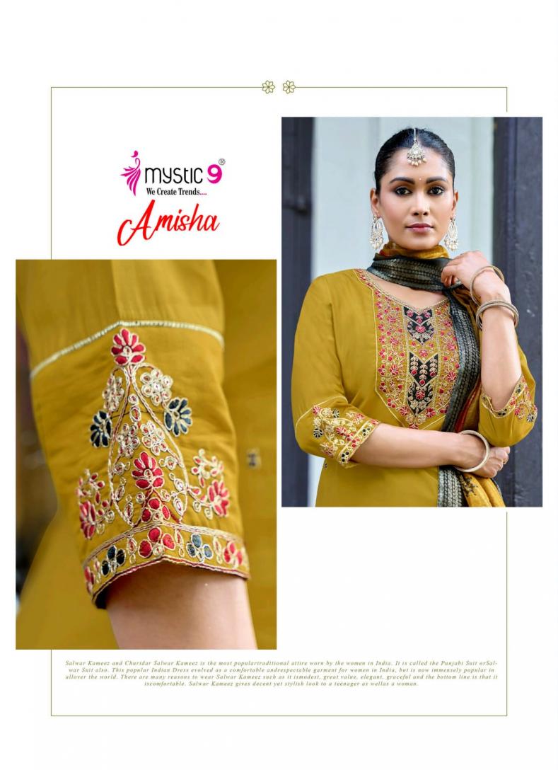 MYSTIC 9 AMISHA VOL 1 WHOLESALE READYMADE ROMAN SILK BEAUTIFUL 3 PCS SUITS EXPORTER