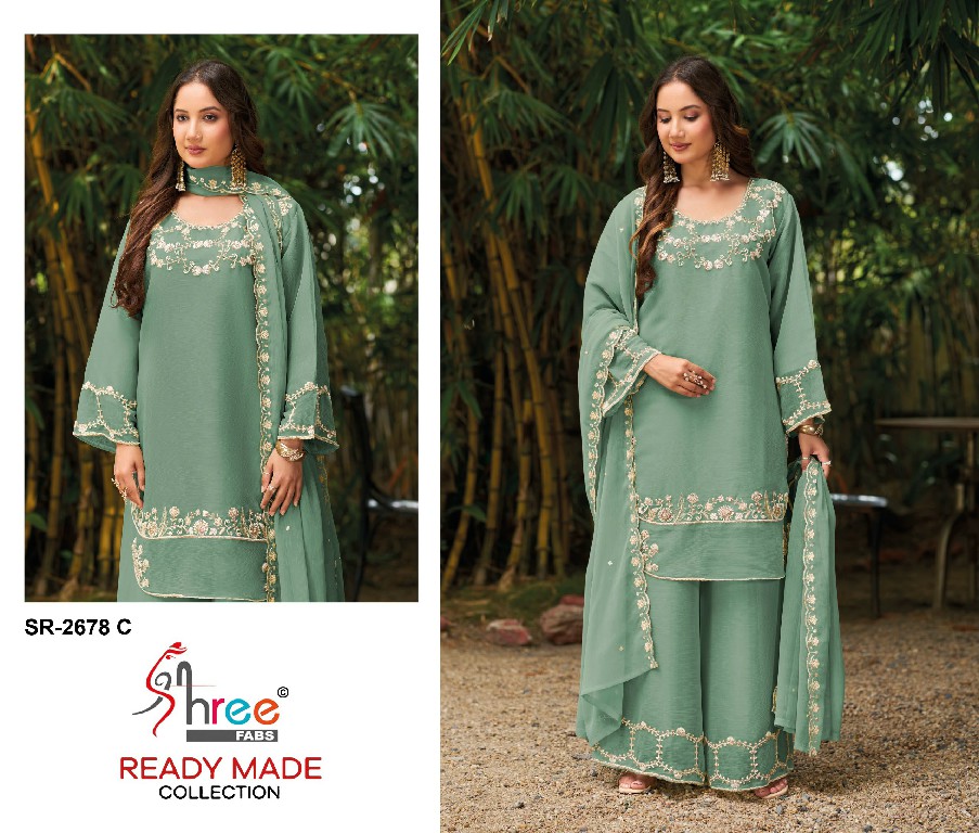 SHREE FABS R-2678 WHOLESALE READYMADE VISCOSE GLASS CHIFFON MINIMAL WORK DESIGN 3 PCS SUITS FOR EXPORT