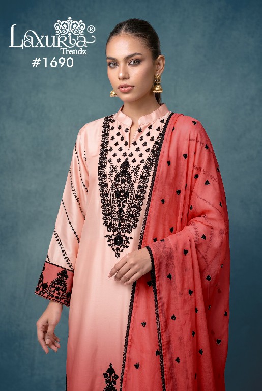 LAXURIA TRENDZ D.NO 1690 WHOLESALE READYMADE SATIN UNIQUE STYLISH 3 PCS SUITS SUPPLIER