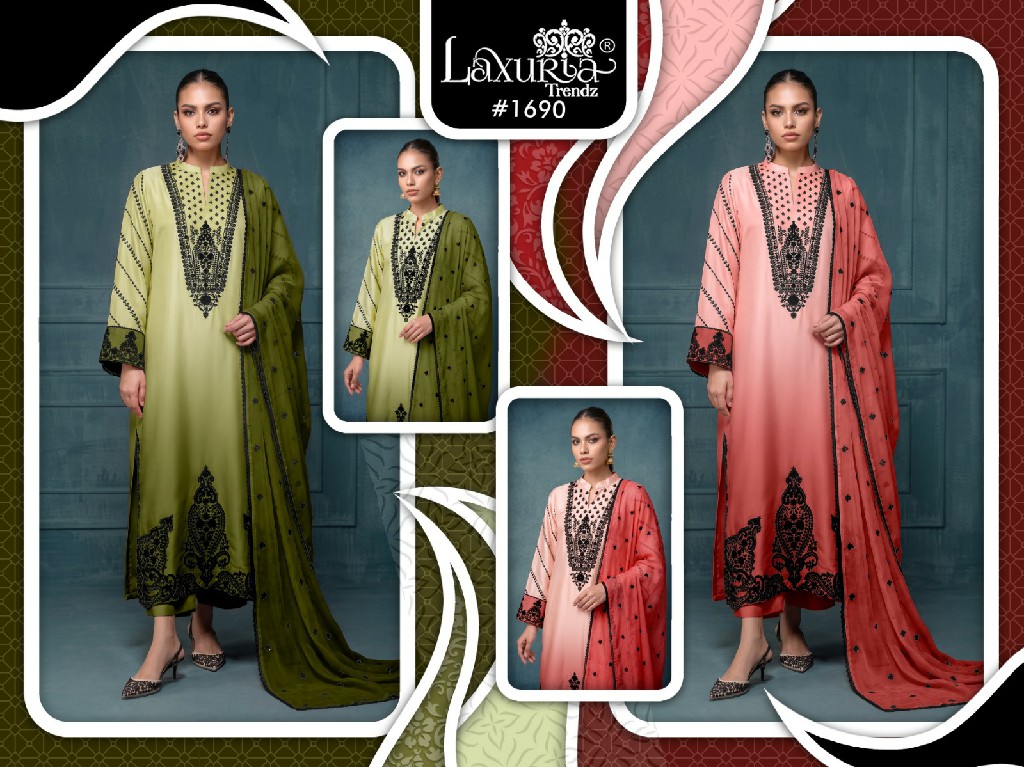 LAXURIA TRENDZ D.NO 1690 WHOLESALE READYMADE SATIN UNIQUE STYLISH 3 PCS SUITS SUPPLIER
