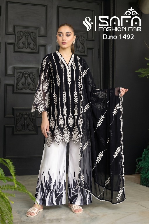 SAFA FASHION D.NO 1492 WHOLESALE READYMADE SOFT FABRIC DESIGNER EMBROIDERED 3 PVCS COMBO SET SUITS FOR EXPORT