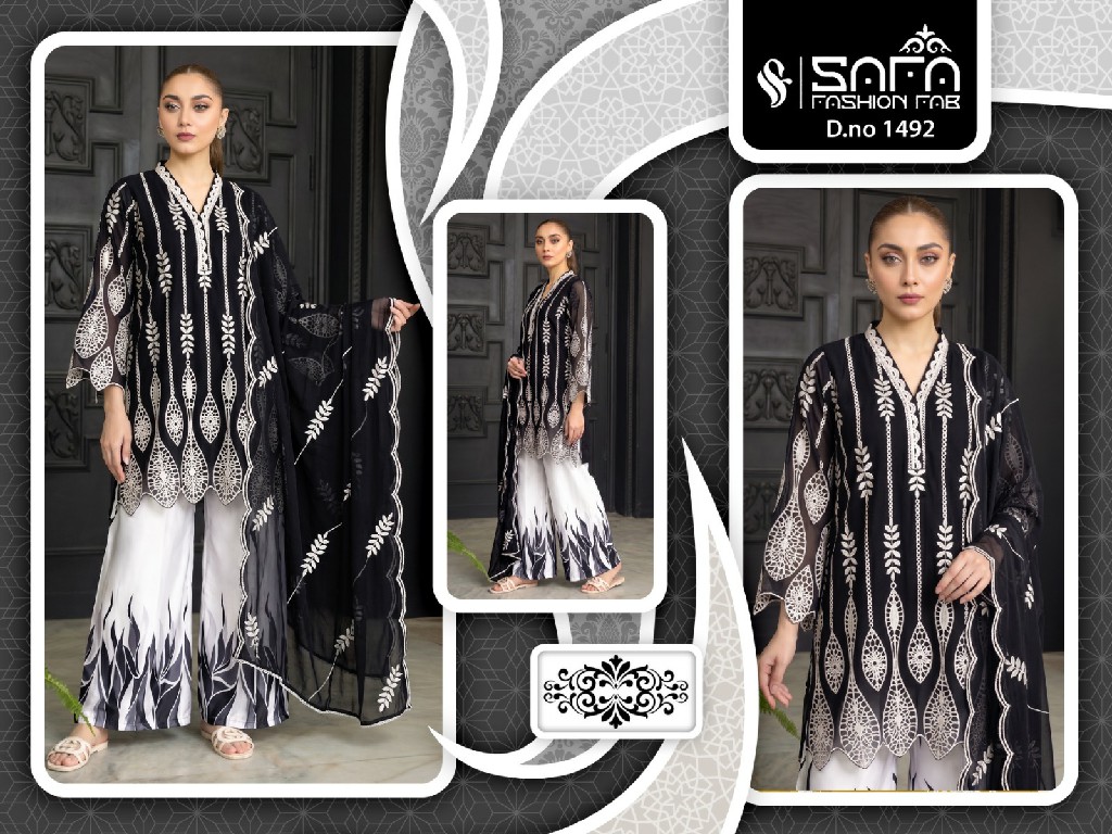 SAFA FASHION D.NO 1492 WHOLESALE READYMADE SOFT FABRIC DESIGNER EMBROIDERED 3 PVCS COMBO SET SUITS FOR EXPORT