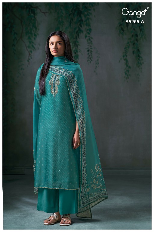 GANGA VANEA S5255 WHOLESALE PURE VISCOSE ORGANZA TWILL UNSTITCH SALWAR SUITS SUPPLIER