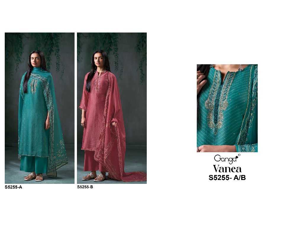 GANGA VANEA S5255 WHOLESALE PURE VISCOSE ORGANZA TWILL UNSTITCH SALWAR SUITS SUPPLIER