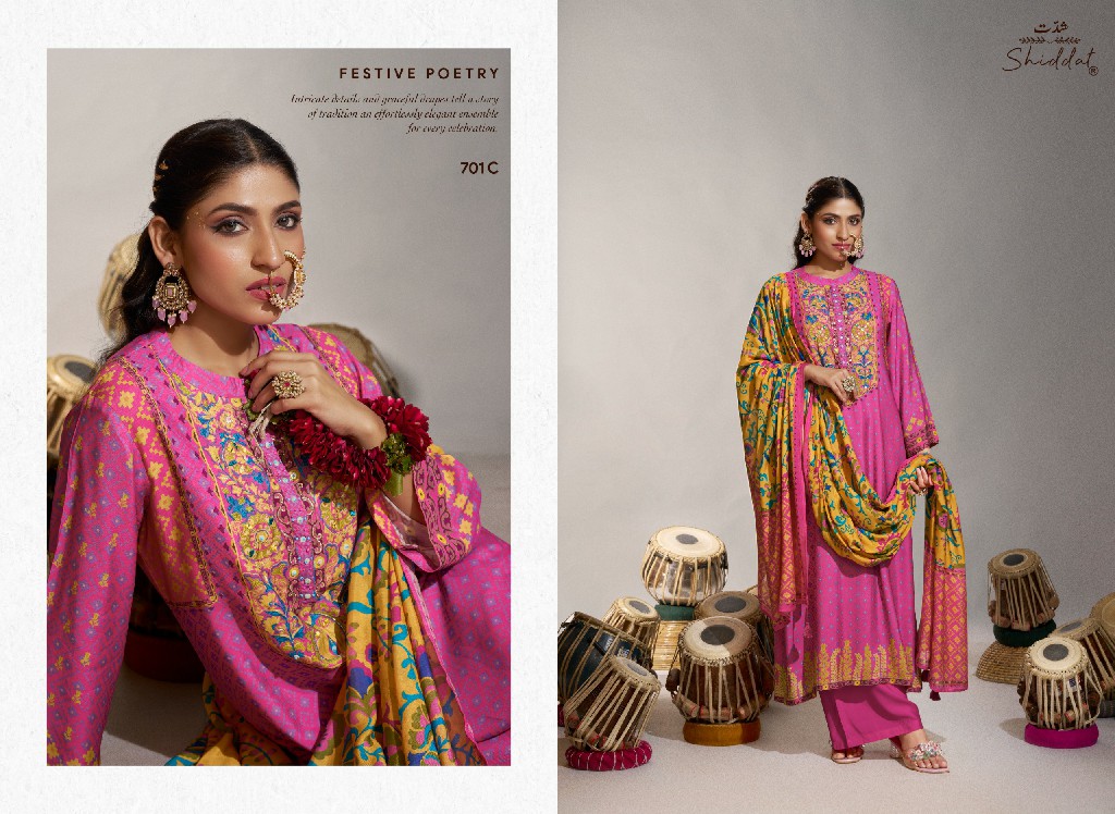 SHIDDAT ENZO 701 WHOLESALE VISCOSE MUSLIN WITH WORK UNSTITCH SALWAR SUITS EXPORTER