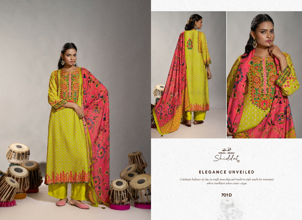 SHIDDAT ENZO 701 WHOLESALE VISCOSE MUSLIN WITH WORK UNSTITCH SALWAR SUITS EXPORTER