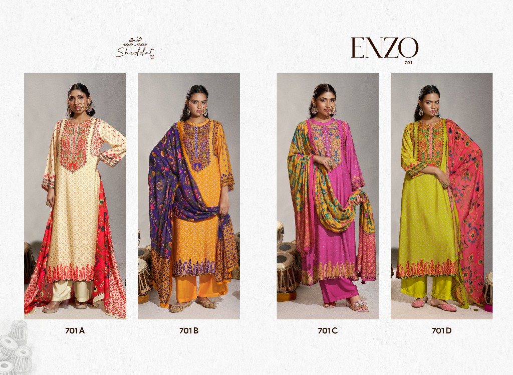 SHIDDAT ENZO 701 WHOLESALE VISCOSE MUSLIN WITH WORK UNSTITCH SALWAR SUITS EXPORTER