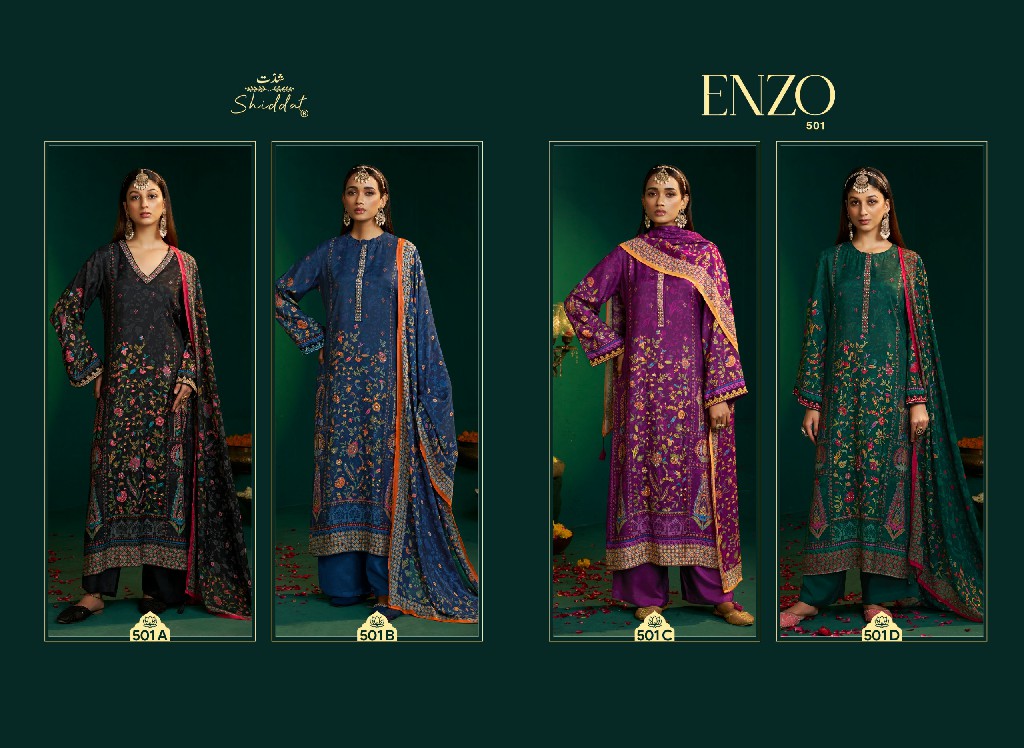 SHIDDAT ENZO 501 WHOLESALE VISCOSE MUSLIN WITH WORK AMAZING UNSTITCH SALWAR SUITS EXPORTER