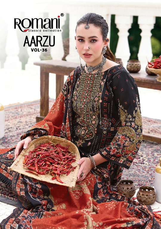 ROMANI AARZU VO 36 WHOLESALE SOFT COTTON HEAVY EMBROIDERY WORK UNSTITCH SALWAR SUITS FOR EXPORT