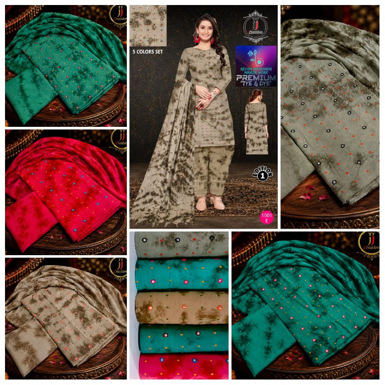 JAY JALARAM CREATION TYE AND DYE VOL 1 WHOLESALE RAYON MIRROR WORK UNSTITCH SALWAR SUITS SUPPLIER