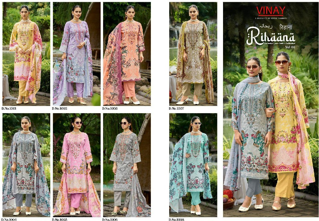 VINAY RIHAANA VOL 1 WHOLESALE CAMBRIC COTTON WITH FANCY WORK UNSTITCH SALWAR SUITS EXPORTER