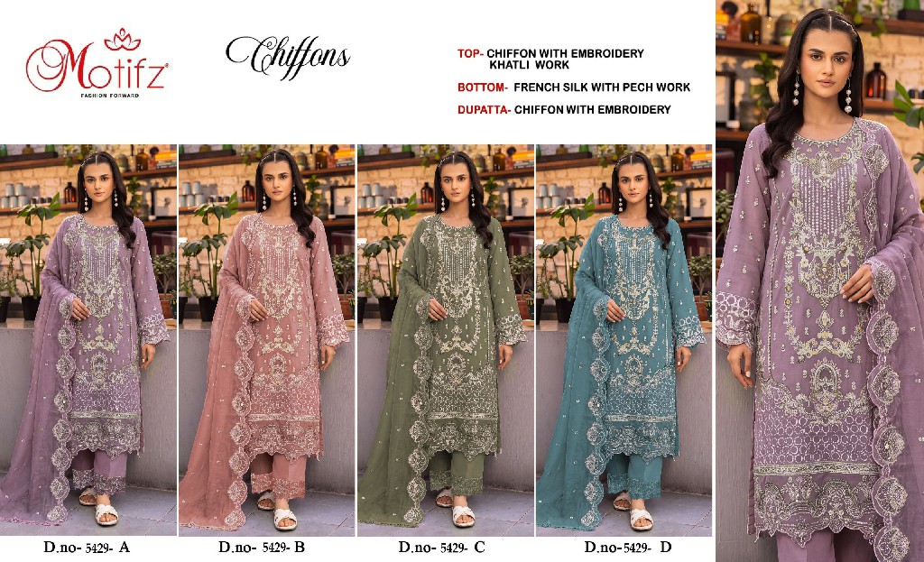 MOTIFZ D.NO 5429 WHOLESALE CHIFFON PAKISTANI PRETTY LOOK UNSTITCH SALWAR SUITS EXPORTER