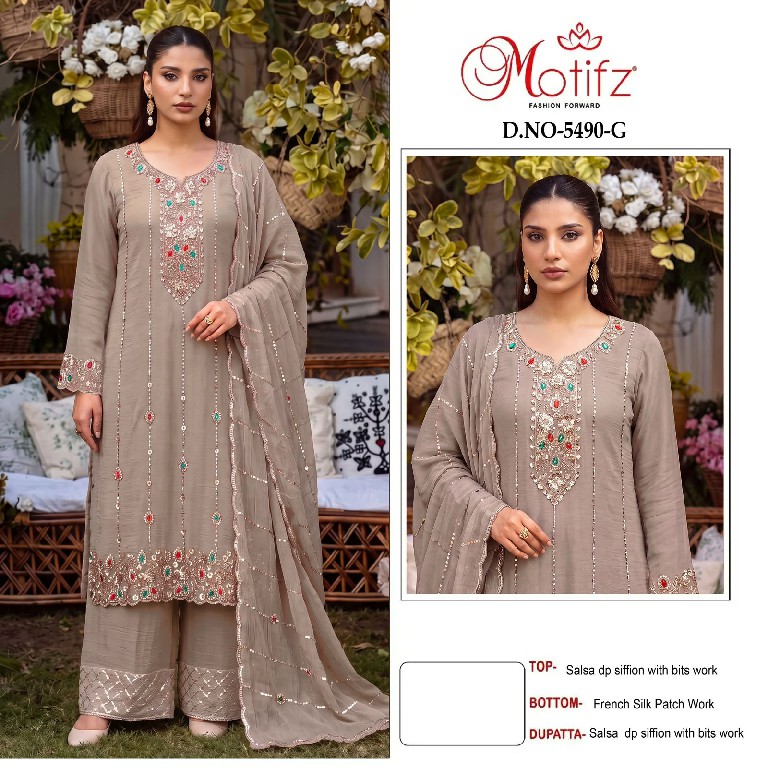 MOTIFZ D.NO 5490 WHOLESALE SALSA CHIFFON PAKISTANI ATTRACTIVE LOOK UNSTITCH SALWAR SUITS SUPPLIER
