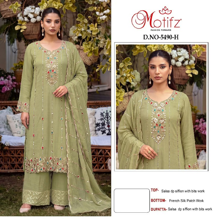 MOTIFZ D.NO 5490 WHOLESALE SALSA CHIFFON PAKISTANI ATTRACTIVE LOOK UNSTITCH SALWAR SUITS SUPPLIER