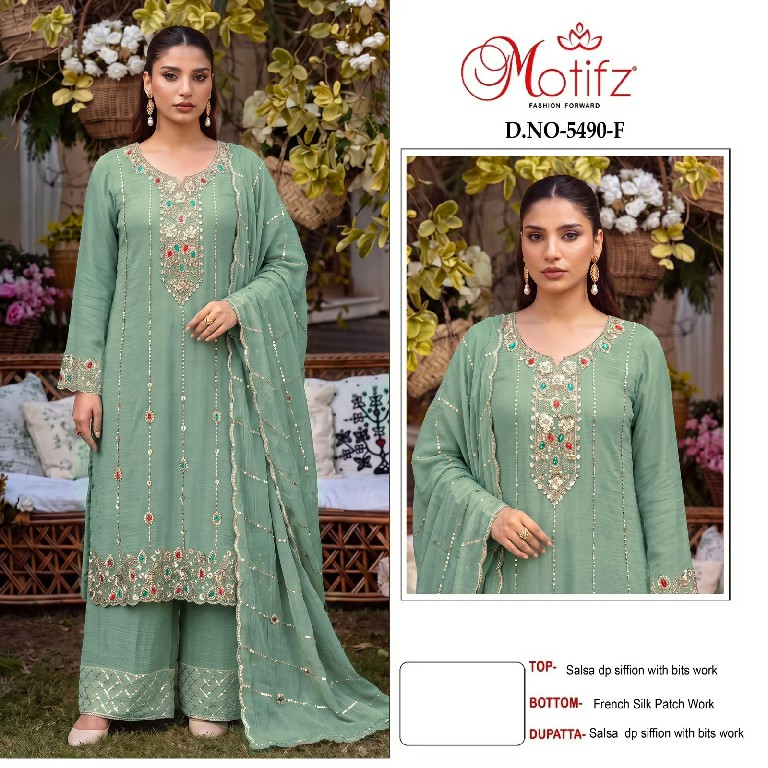 MOTIFZ D.NO 5490 WHOLESALE SALSA CHIFFON PAKISTANI ATTRACTIVE LOOK UNSTITCH SALWAR SUITS SUPPLIER