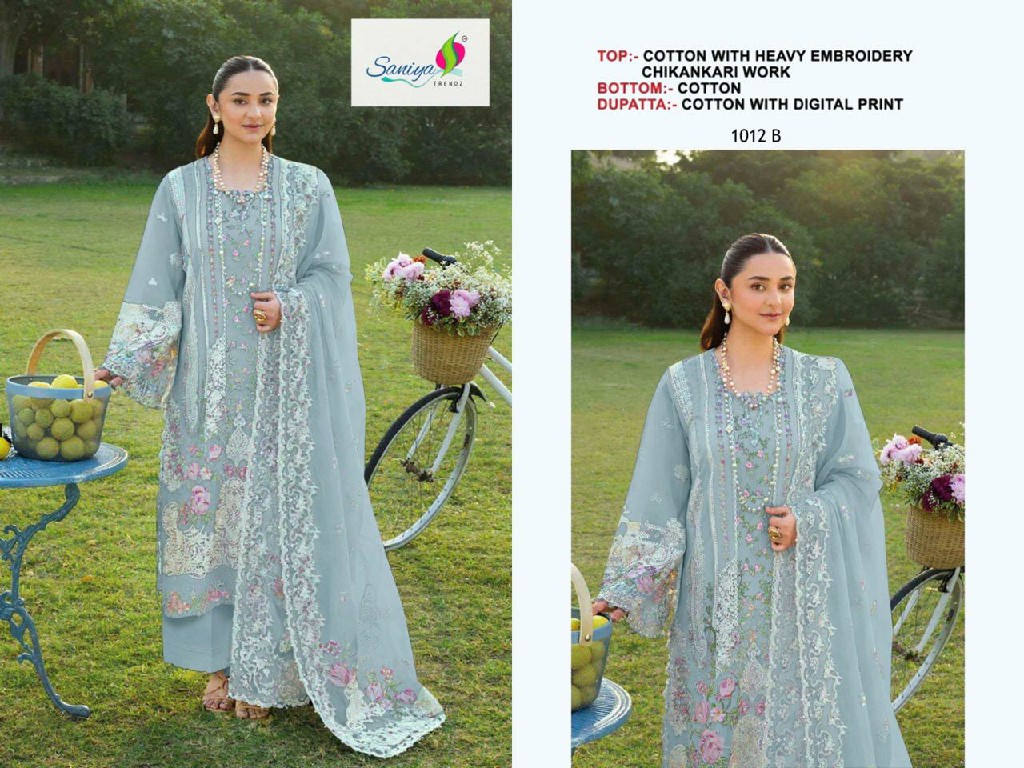 SANIYA TRENDZ D.NO 1012 WHOLESALE COTTON CHIKANKARI EMBROIDERED UNSTITCH SALWAR SUITS FOR EXPORT