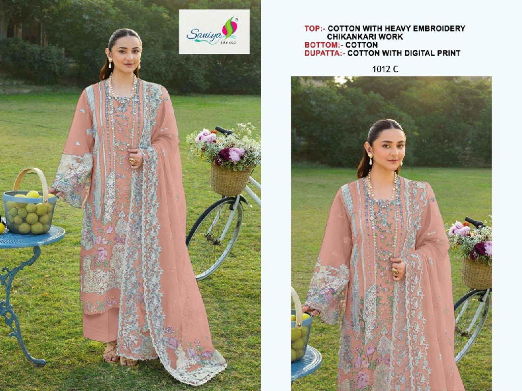 SANIYA TRENDZ D.NO 1012 WHOLESALE COTTON CHIKANKARI EMBROIDERED UNSTITCH SALWAR SUITS FOR EXPORT