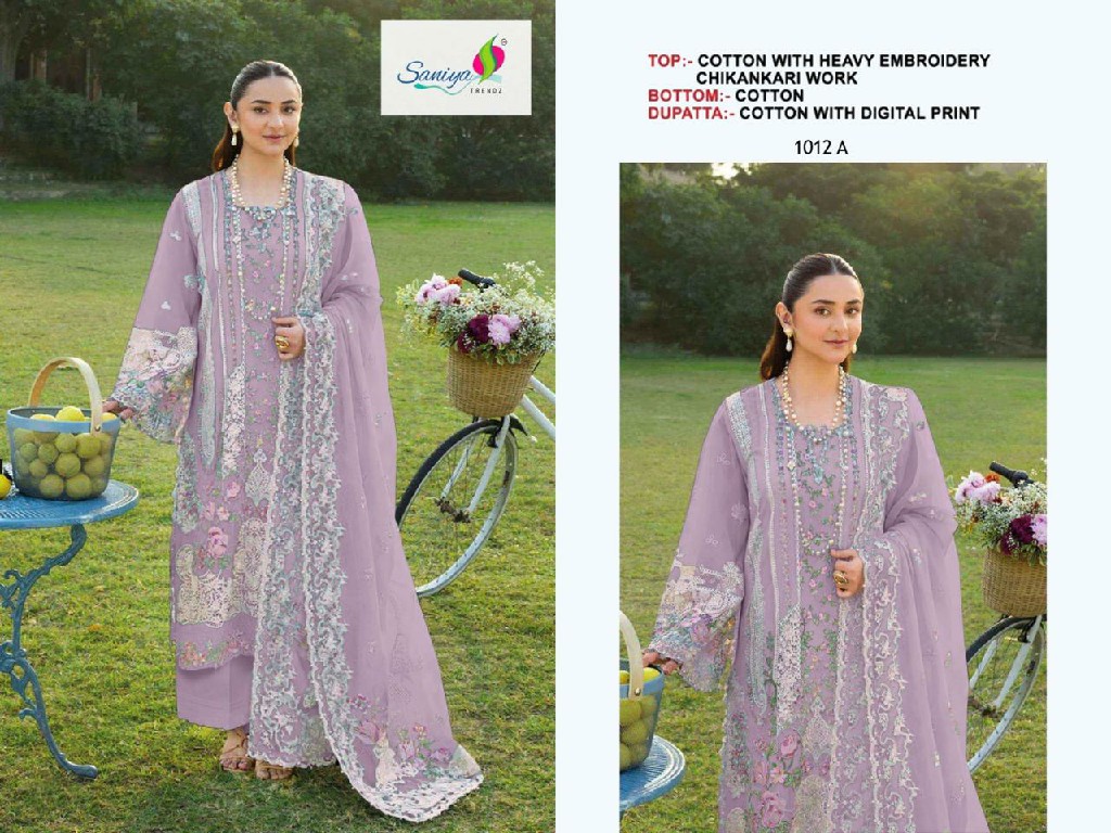 SANIYA TRENDZ D.NO 1012 WHOLESALE COTTON CHIKANKARI EMBROIDERED UNSTITCH SALWAR SUITS FOR EXPORT