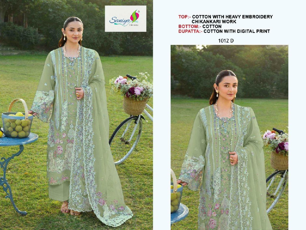 SANIYA TRENDZ D.NO 1012 WHOLESALE COTTON CHIKANKARI EMBROIDERED UNSTITCH SALWAR SUITS FOR EXPORT
