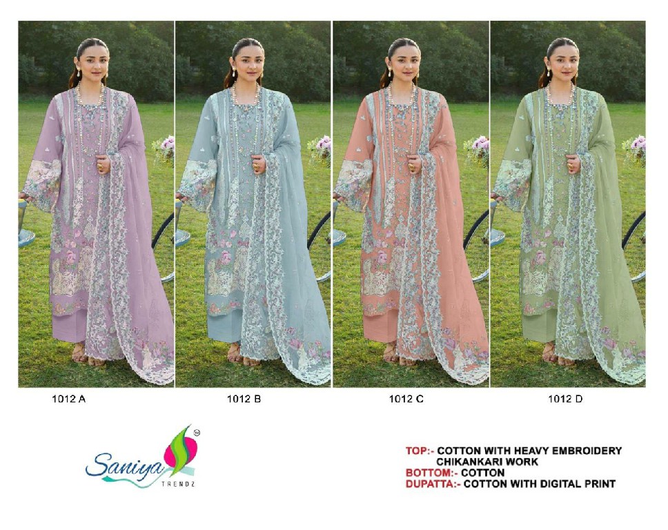 SANIYA TRENDZ D.NO 1012 WHOLESALE COTTON CHIKANKARI EMBROIDERED UNSTITCH SALWAR SUITS FOR EXPORT
