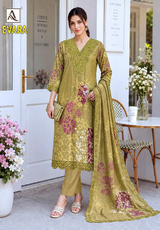 ALOK SUIT EVARA WHOLESALE VISCOSE MUSLIN FANCY EMBROIDERED UNSTITCH SALWAR SUITS SUPPLIER