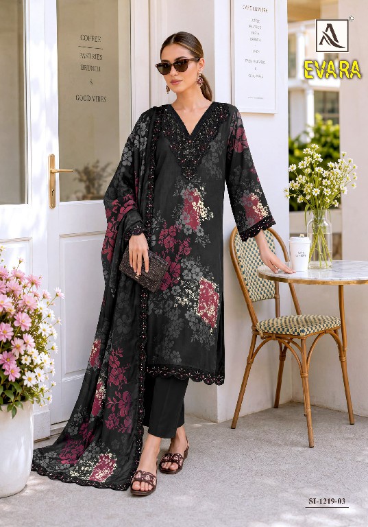 ALOK SUIT EVARA WHOLESALE VISCOSE MUSLIN FANCY EMBROIDERED UNSTITCH SALWAR SUITS SUPPLIER